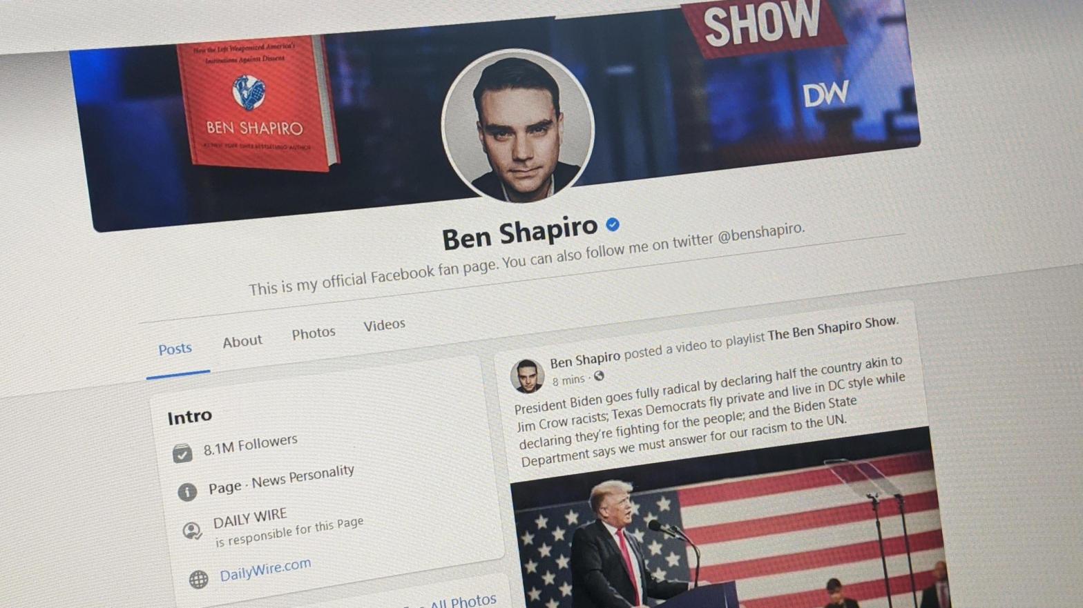 The Facebook page of right-wing commentator Ben Shapiro as seen on a screen in Washington, DC on July 14, 2021. (Photo: Tom McKay / Gizmodo)