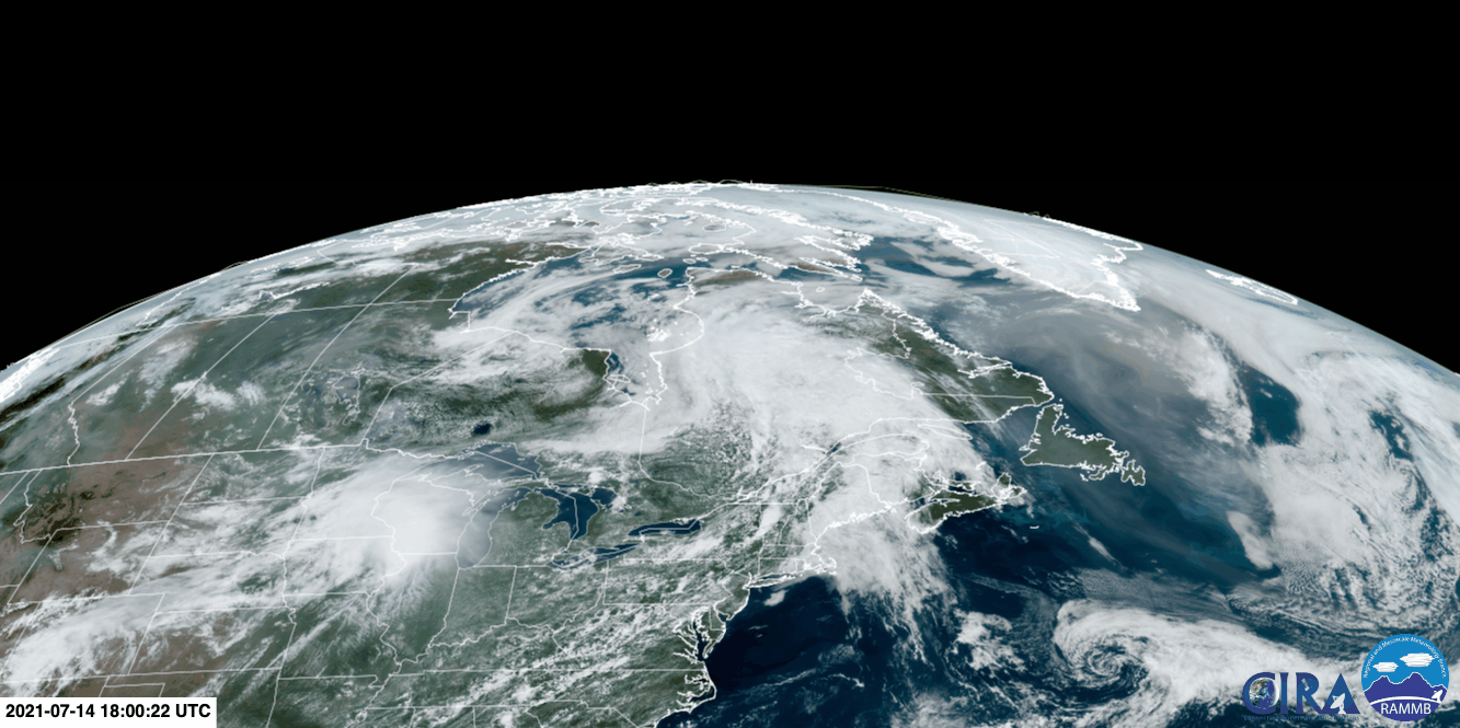 A satellite image of the North America and Greenland. Clouds are white while the blue-grey smoke is clearly visible in the righthand side of the image circulating near Greenland and Newfoundland. (Gif: NOAA/CIRA)