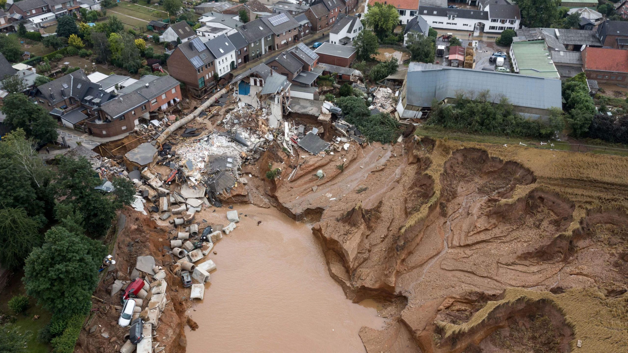 Aerial view shows an area completely destroyed by the floods in the Blessem district of Erftstadt, western Germany, on July 16. (Photo: Sebastien Bozon/AFP, Getty Images)