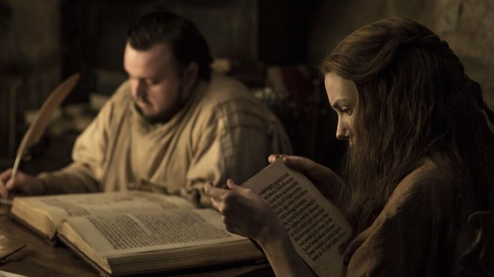 Samwell (John Bradley) and Gilly (Hannah Murray) brush up on their world history on Game of Thrones. (Photo: HBO)
