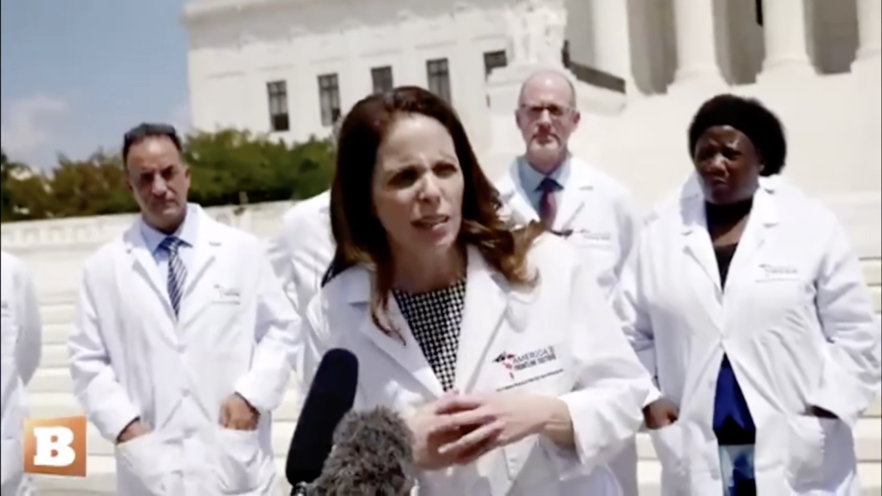 Simone Gold, founder of America's Frontline Doctors, at a strange press conference in the summer of 2020 promoting unproven treatments against covid-19. (Screenshot: Breitbart News/Bitchute)