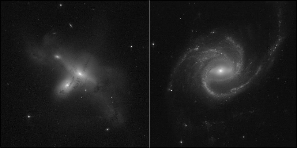 Two bizarre galaxies recently imaged by the Hubble Space Telescope.  (Image: NASA, ESA, STScI, Julianne Dalcanton (UW), Alyssa Pagan (STScI))
