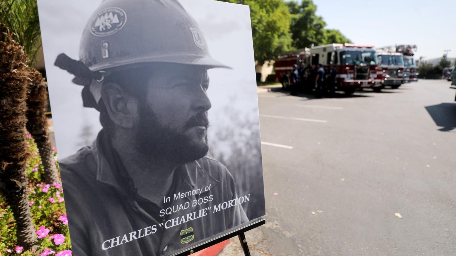 A photo of Charles Morton, the Big Bear Interagency Hotshot fire team leader who perished fighting the El Dorado wildfire, at a memorial service in San Bernardino on Sept. 25, 2020. (Photo: Mario Tama, Getty Images)