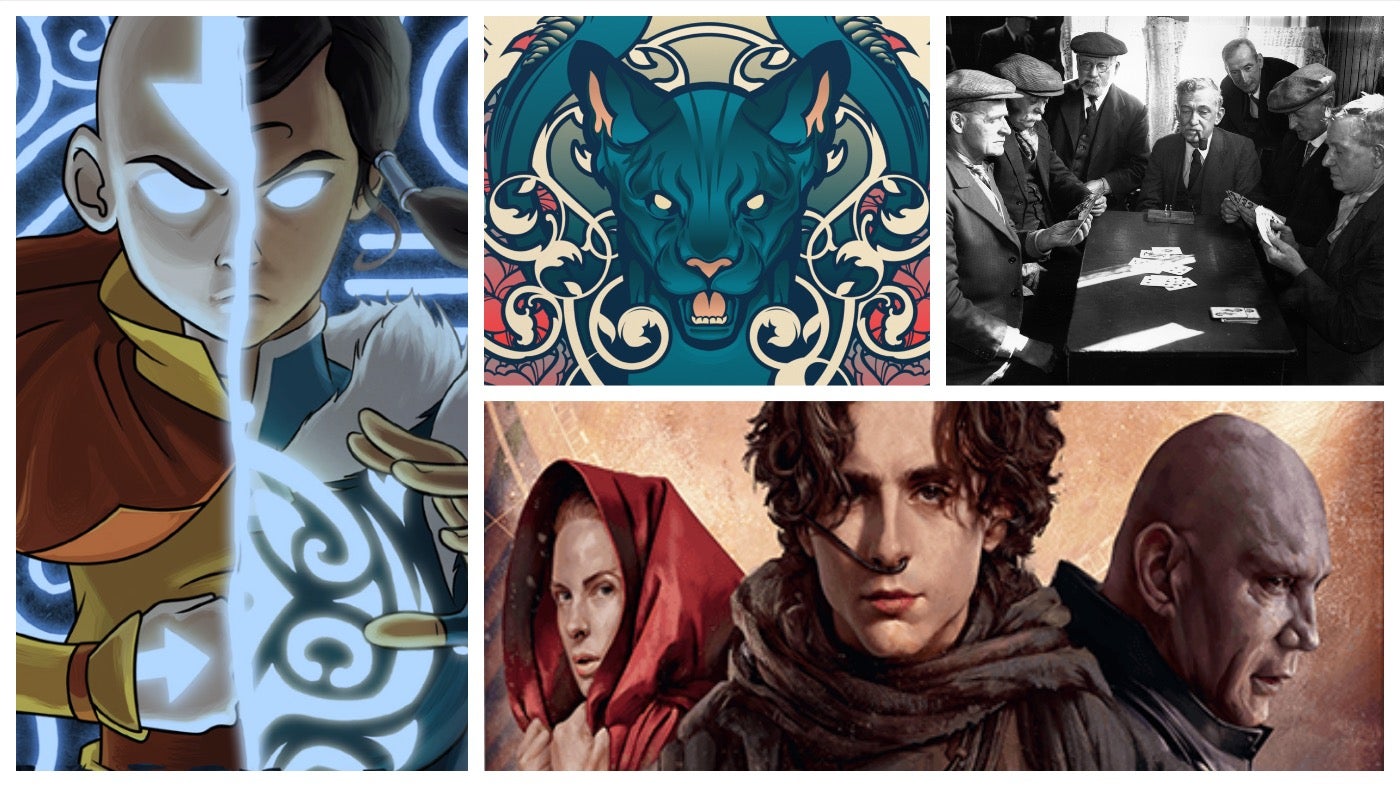 Clockwise from left: Avatar Legends, Dungeons & Dragons' The Wild Beyond the Witchlight, a game of cribbage, and Dune: House Secrets. (Image: Magpie Games,Image: Wizards of the Coast,Image: Portal Games,Photo: Getty Images)