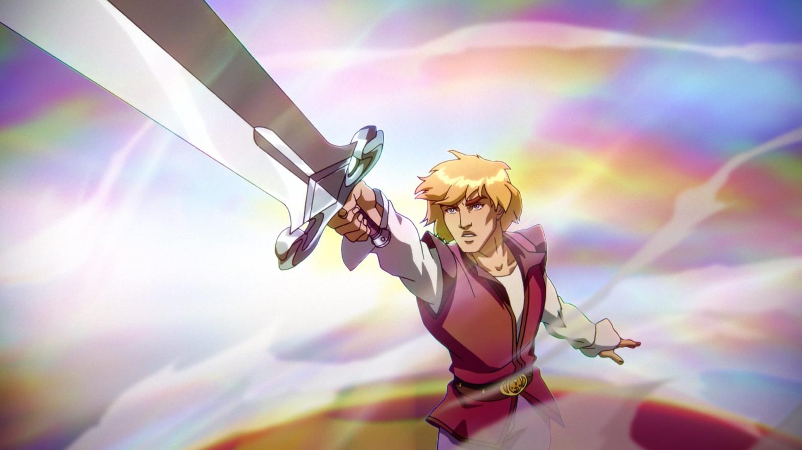 Prince Adam holds aloft his magic sword, and says... (Image: Netflix)