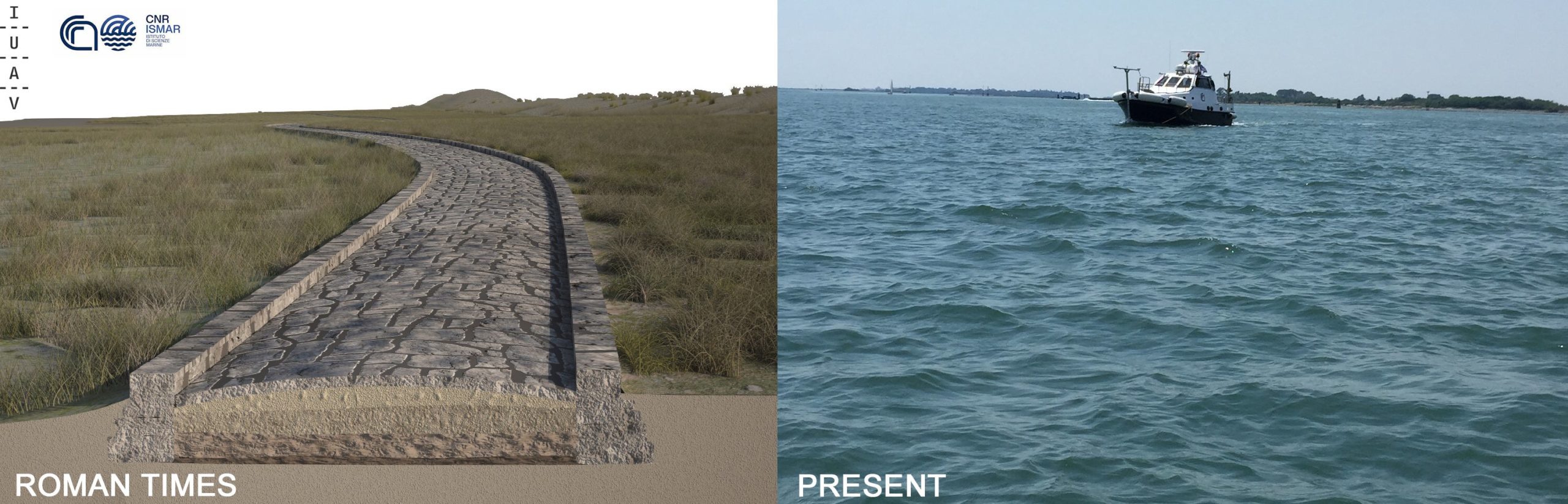 A reconstruction of how the road may have looked in Roman times (left), and the site today (right). (Graphic: Fantina Madricardo)