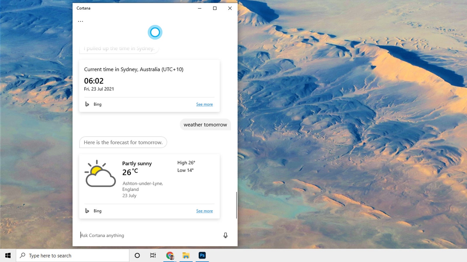Cortana will be less front and centre in Windows 11. (Screenshot: Windows 10)