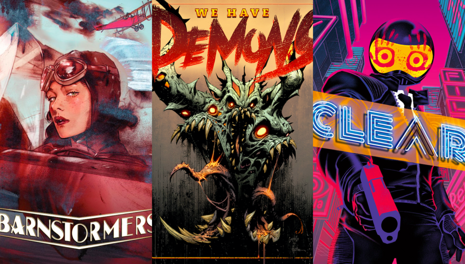 The covers of Barnstormers, We Have Demons, and Clear. (Image: Tula Lotay, Dee Cunniffe, and Francis Manapul/ComiXology)
