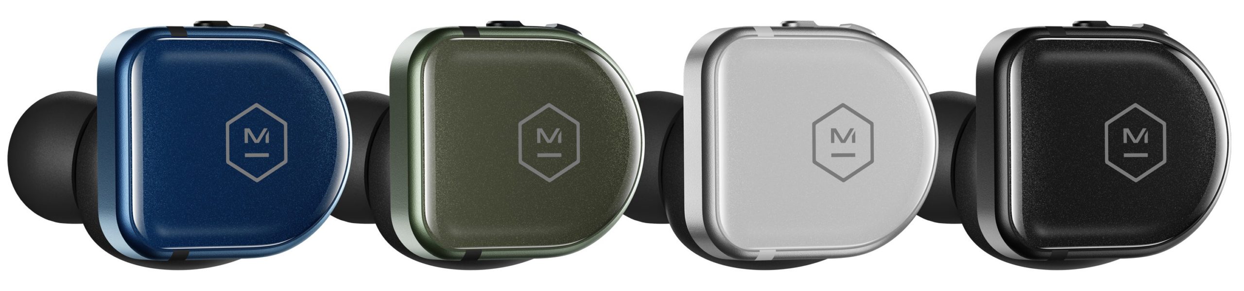 The MW08 Sport earbuds are available in blue, green, silver, and black, but the charging case is only available in black Kevlar. (Image: Master & Dynamic)