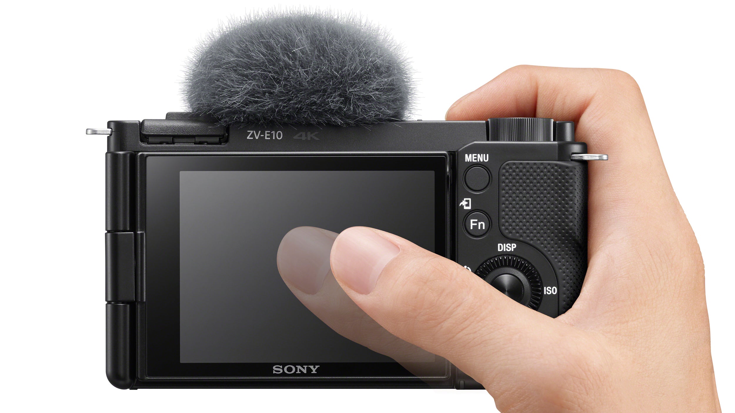 The ZV-E10's swivelling touchscreen display makes it easy to select subjects for autofocus tracking, while a lack of viewfinder makes room for a high-quality built-in directional mic that includes a windscreen. (Image: Sony)
