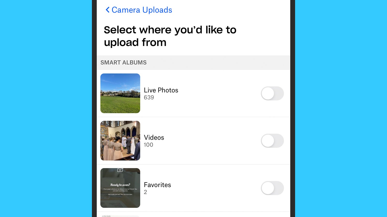 Choose which photos and videos Dropbox uploads from your phone. (Screenshot: Dropbox)