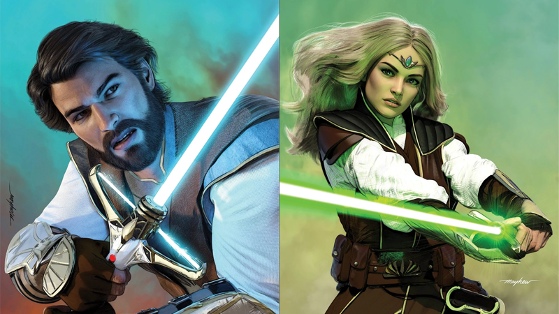Stellan Gios and Avar Kriss, Elzar's closest friends in the Jedi Order. (Image: Mike Mayhew/Marvel Comics)