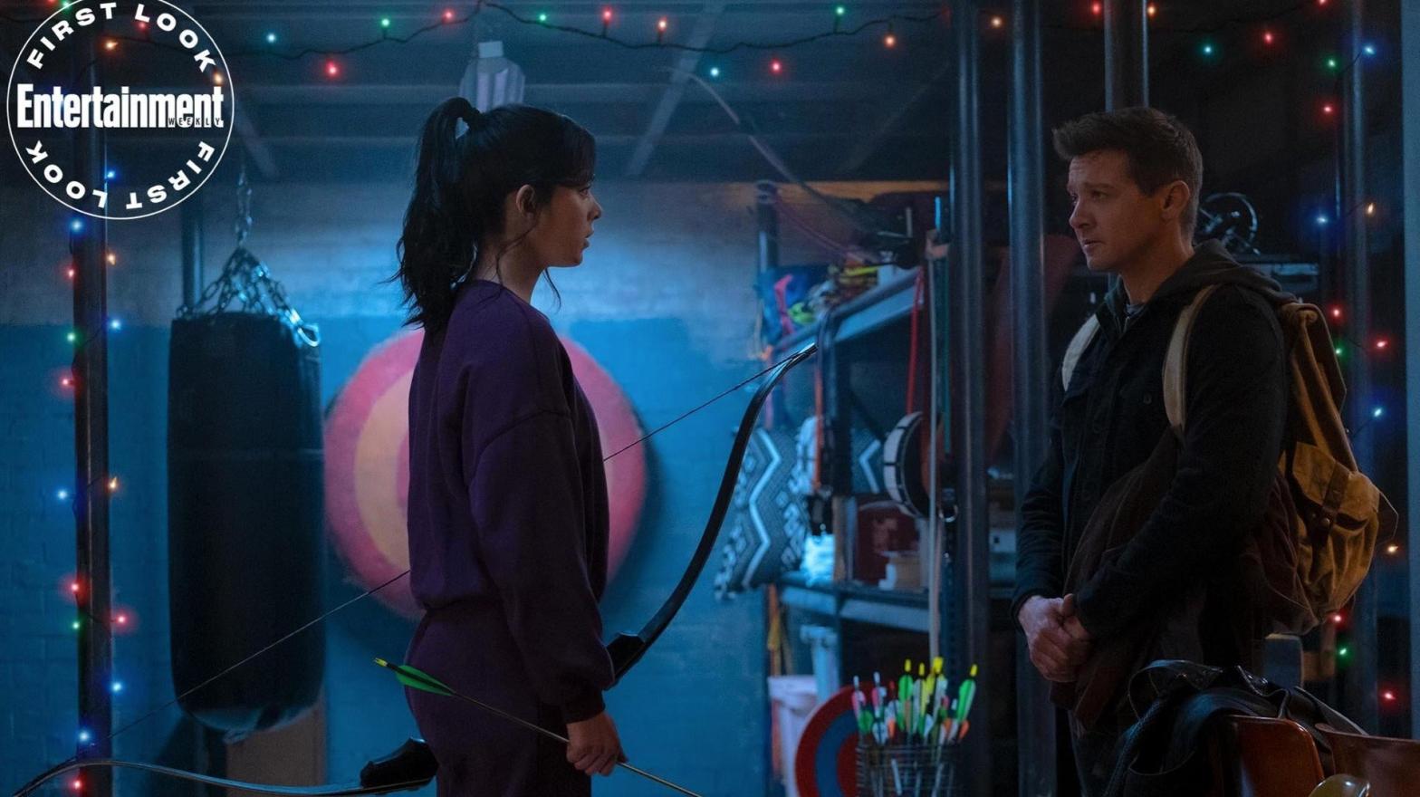 Hailee Steinfeld, Jeremy Renner, and a bunch of archery stuff in Hawkeye. (Photo: Entertainment Weekly/Marvel Studios)