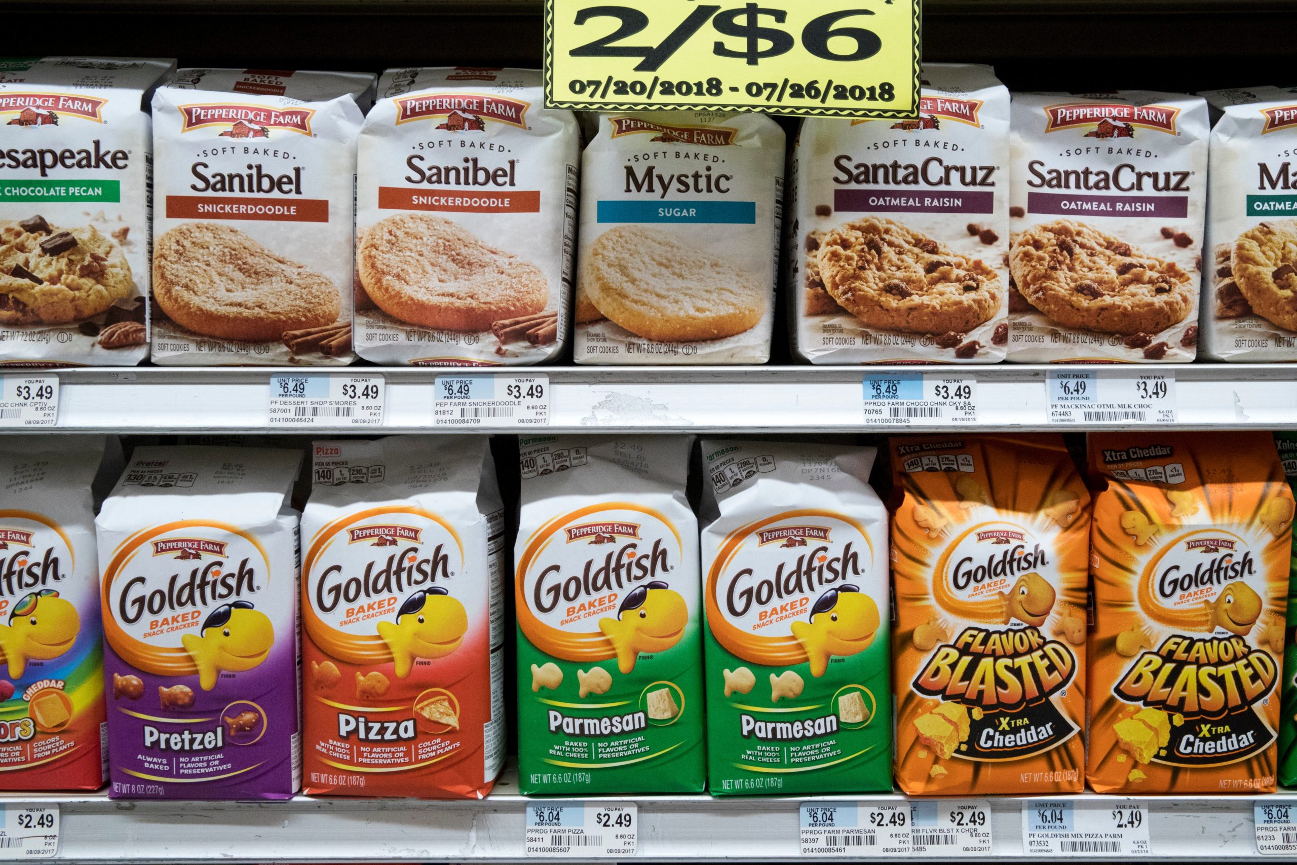 Pepperidge Farm Goldfish crackers and other items are displayed at a supermarket in the East Village neighbourhood of Manhattan, Tuesday, July 24, 2018.  (Photo: Mary Altaffer, AP)