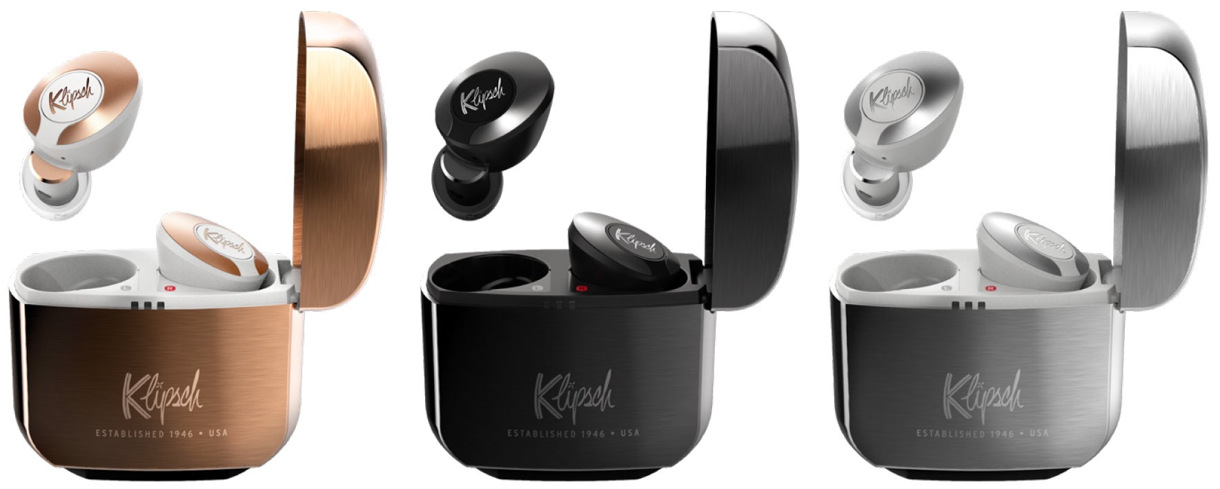 The redesigned charging case is available in three finishes: copper, gunmetal, and silver. (Image: Klipsch)