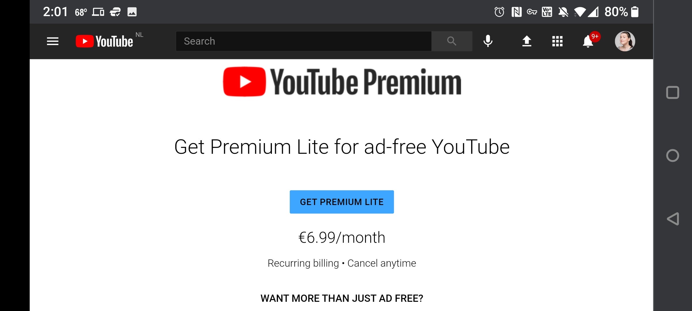 Log in as if you live in the Netherlands, and you'll see the splash page to sign up for YouTube Premium Lite. (Screenshot: Florence Ion / Gizmodo)