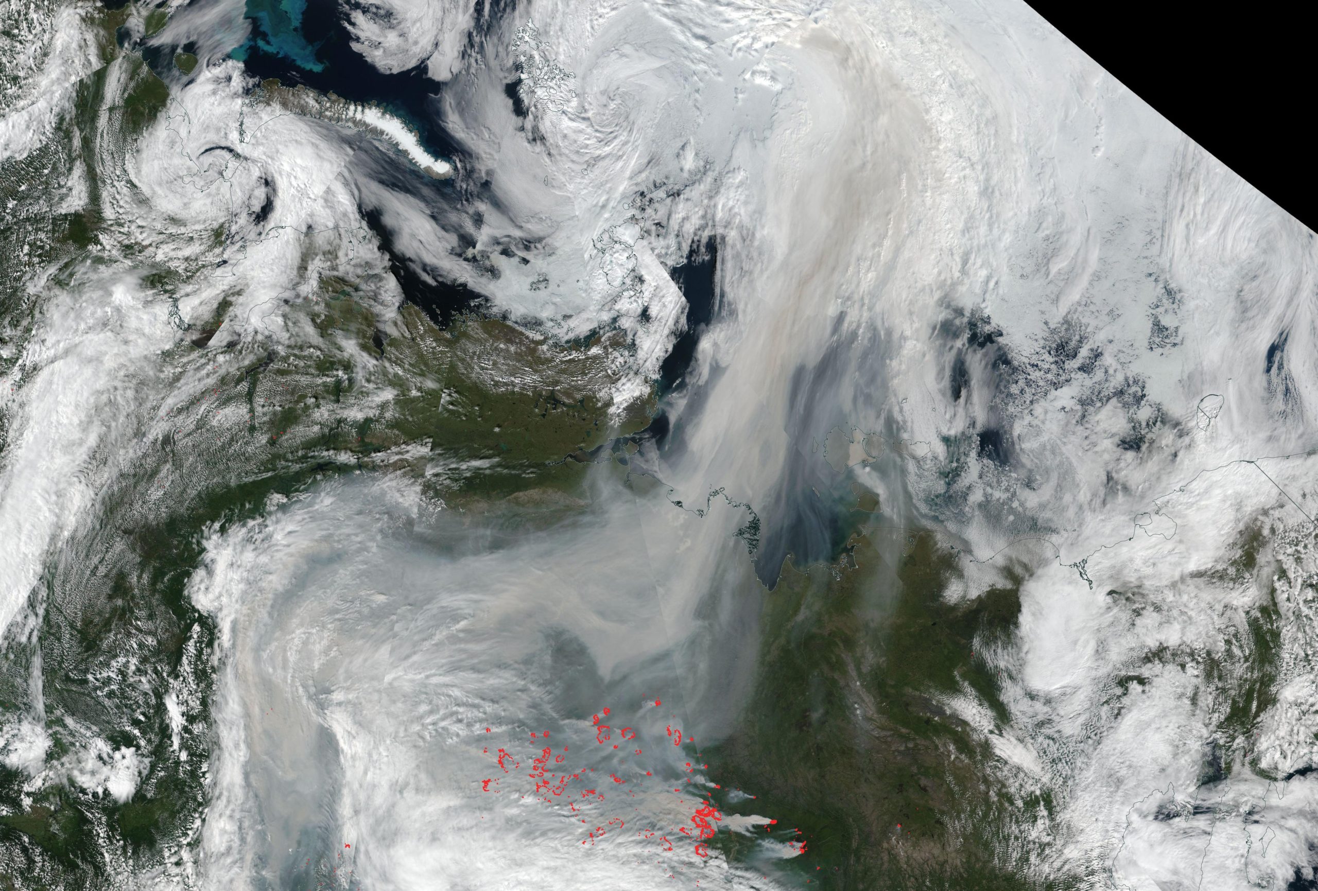 A satellite image from August 2, 2021 showing fire hot spots and the smoke plume stretching from Russia to the North Pole. (Image: NASA Worldview)