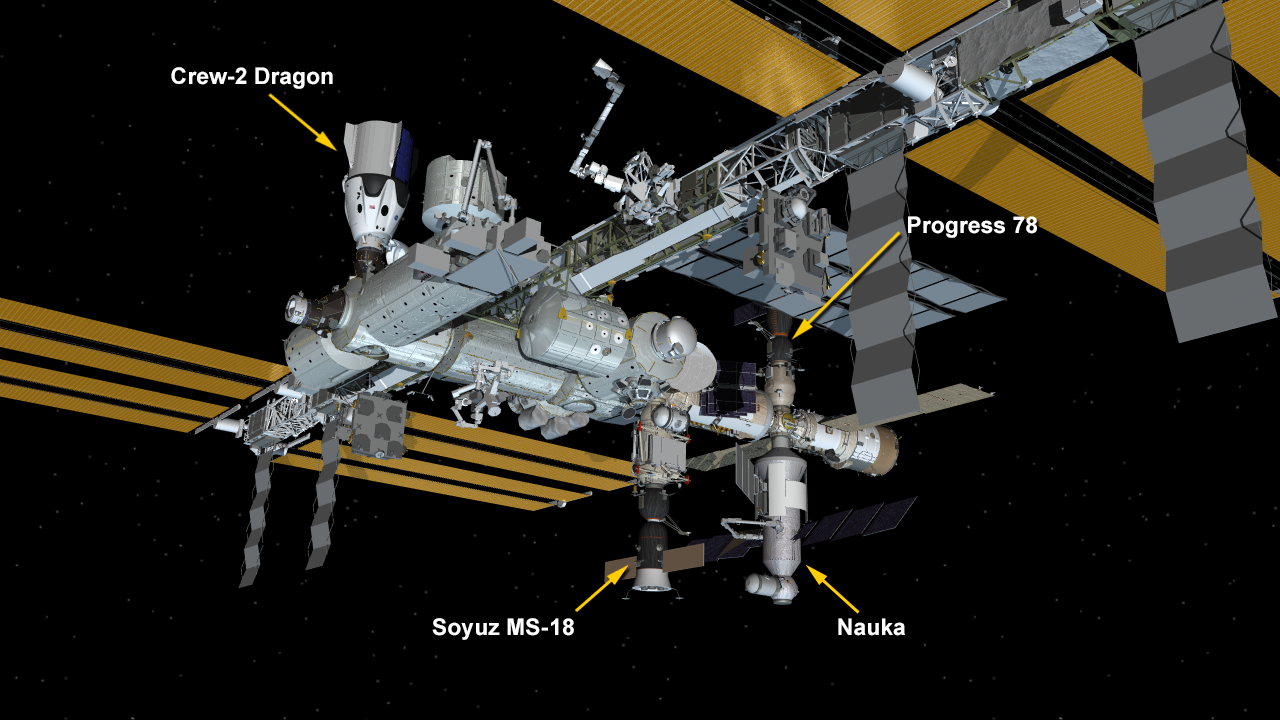 Graphic showing the ISS configuration as of July 29, 2021.  (Image: NASA)