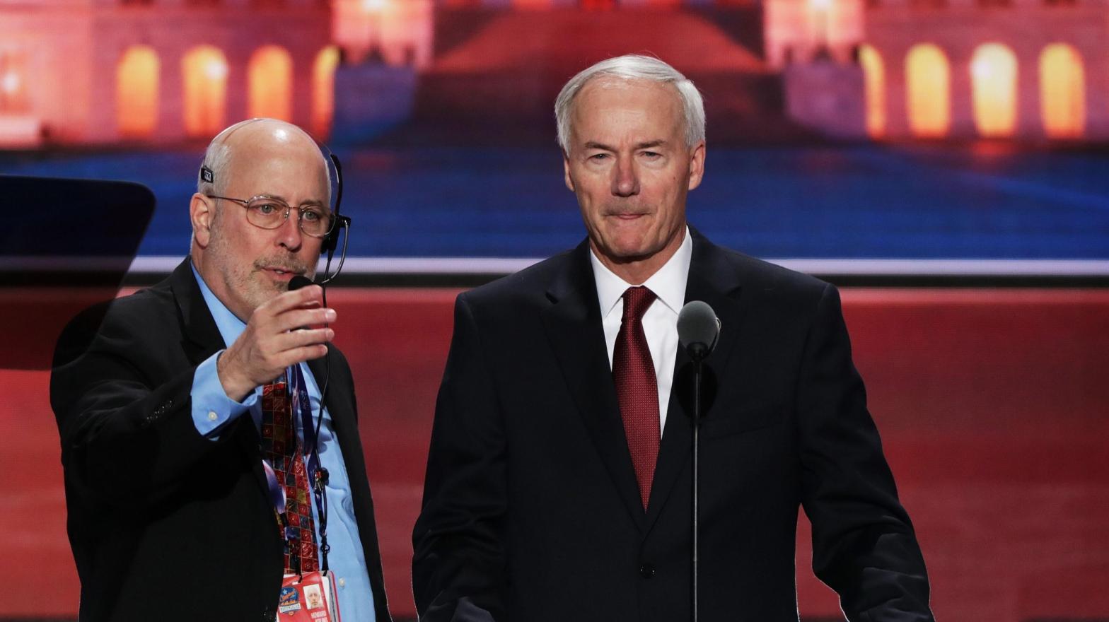 Arkansas Governor Asa Hutchinson, right, speaks at the Republican National Convention in July 2016 at Quicken Loans Arena in Cleveland, Ohio. (Photo: Alex Wong, Getty Images)