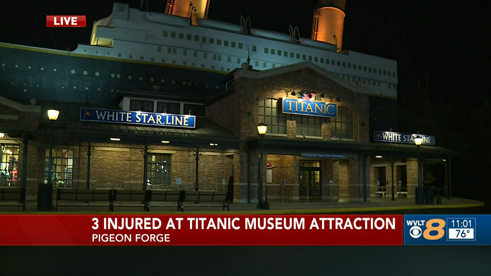 The Titanic Museum Attraction in Pigeon Forge, Tennessee, where three people were injured on Monday due to a metaphor. (Screenshot: WVLT 8 via KKTV 11, Fair Use)