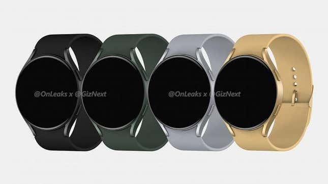 A render of the four purported new Galaxy Watch 4 smartwatches coming through the pipeline. (Image: OnLeaks/GizNext)