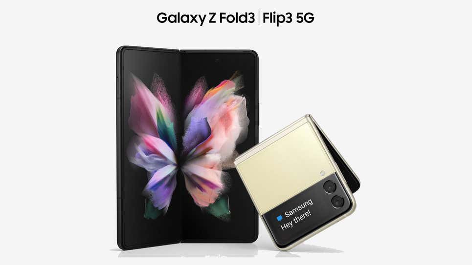 The Galaxy Z Fold 3 (left) and the Galaxy Z Flip 3 (right). (Image: Samsung via Evan Blass, Other)