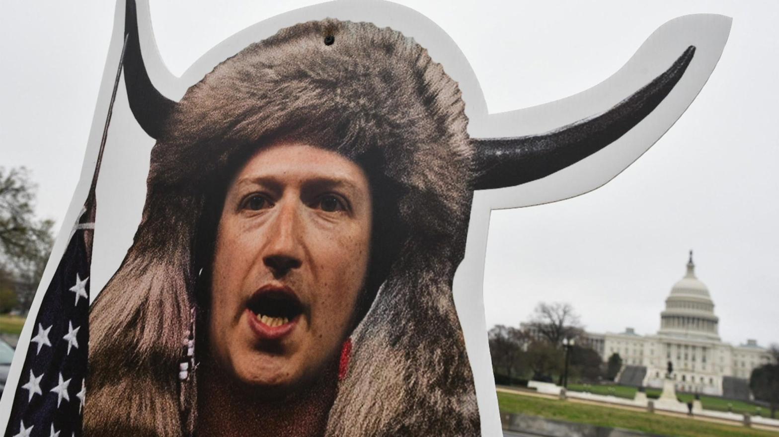 An effigy of Facebook CEO, Mark Zuckerberg, dressed as a January 6, 2021, insurrectionist is placed near the US Capitol in Washington, DC, on March 25, 2021. (Photo: Mandel Ngan, Getty Images)