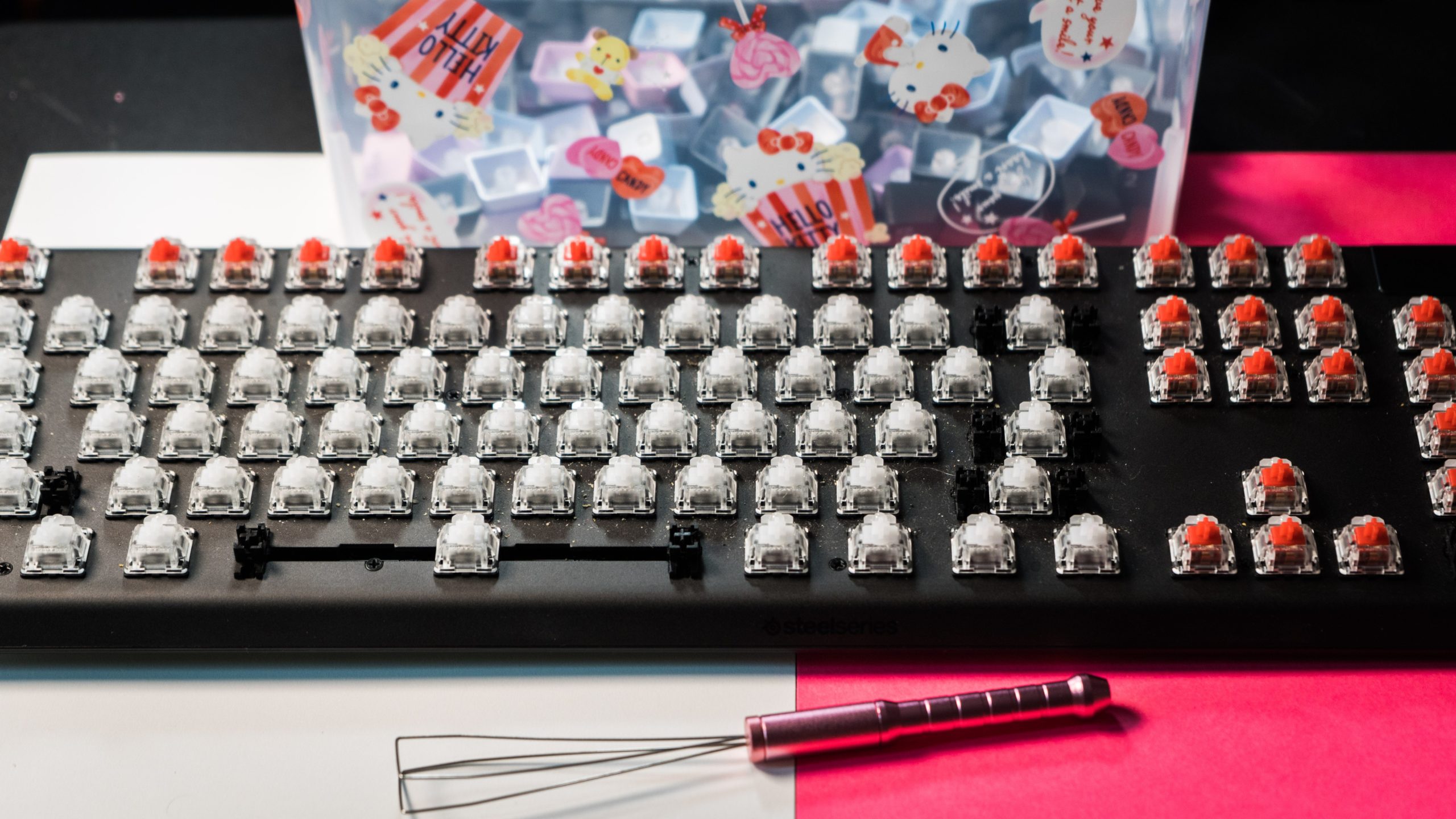 Stripping off the keycaps is the major part of cleaning a mechanical keyboard. But some manufacturers let you take the whole thing apart for a deeper clean.  (Photo: Florence Ion / Gizmodo)