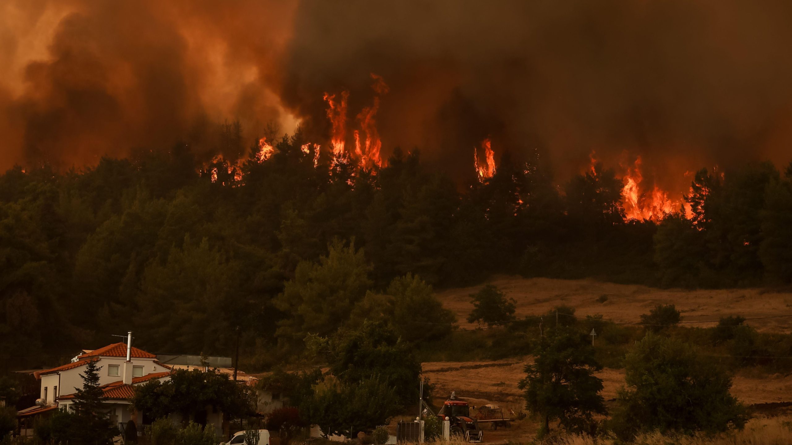 Flames rise from a forest in the village of Kyrynthos, Greece, on August 6, 2021. (Photo: Sotiris Dimitropoulos, Getty Images)