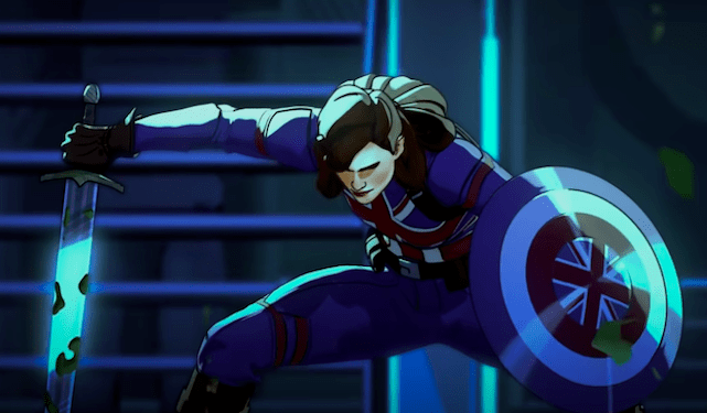 Captain Peggy Carter falling into a classic hero landing. (Screenshot: Disney+/Marvel)
