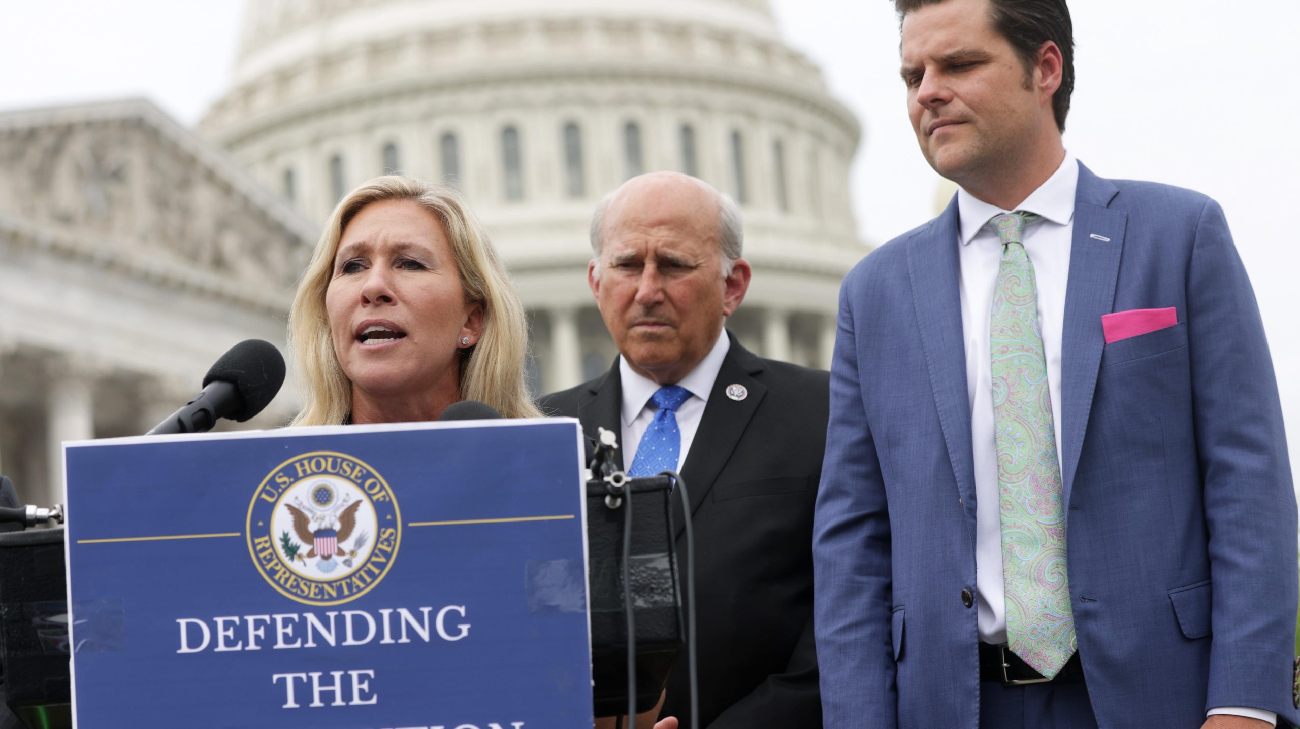 QAnon-loving Representative Marjorie Taylor Greene, left, far-right Representative Louie Gohmert, centre, and possible sex trafficking suspect Representative Matt Gaetz, right, at a news conference outside the U.S. Capitol on July 29, 2021. (Photo: Alex Wong, Getty Images)