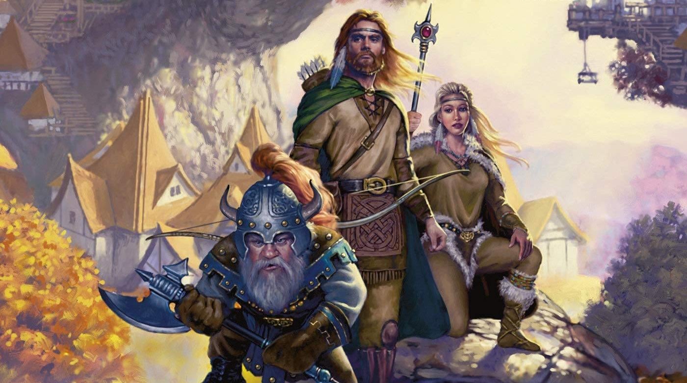 An inset of Matt Stawicki's cover for the 2000 reprint of Dragons of Autumn Twilight. From l-r, that's Flint, Tanis, and Goldmoon. (Image: Wizards of the Coast)