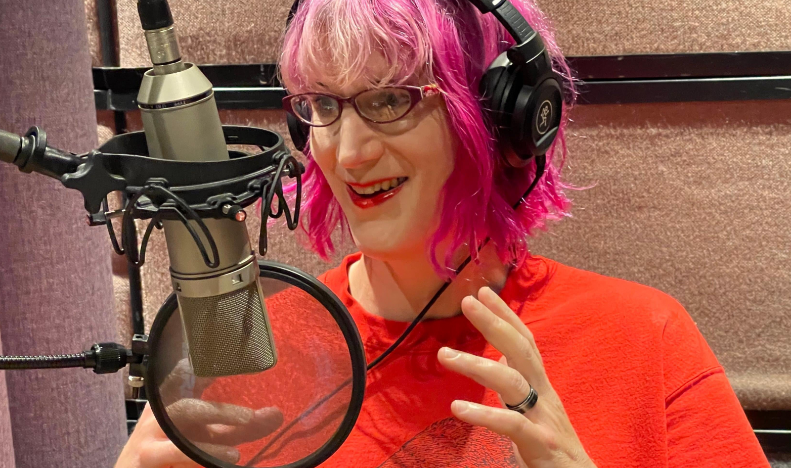 Charlie Jane Anders in the recording booth. (Photo: Courtesy Macmillan Audio)