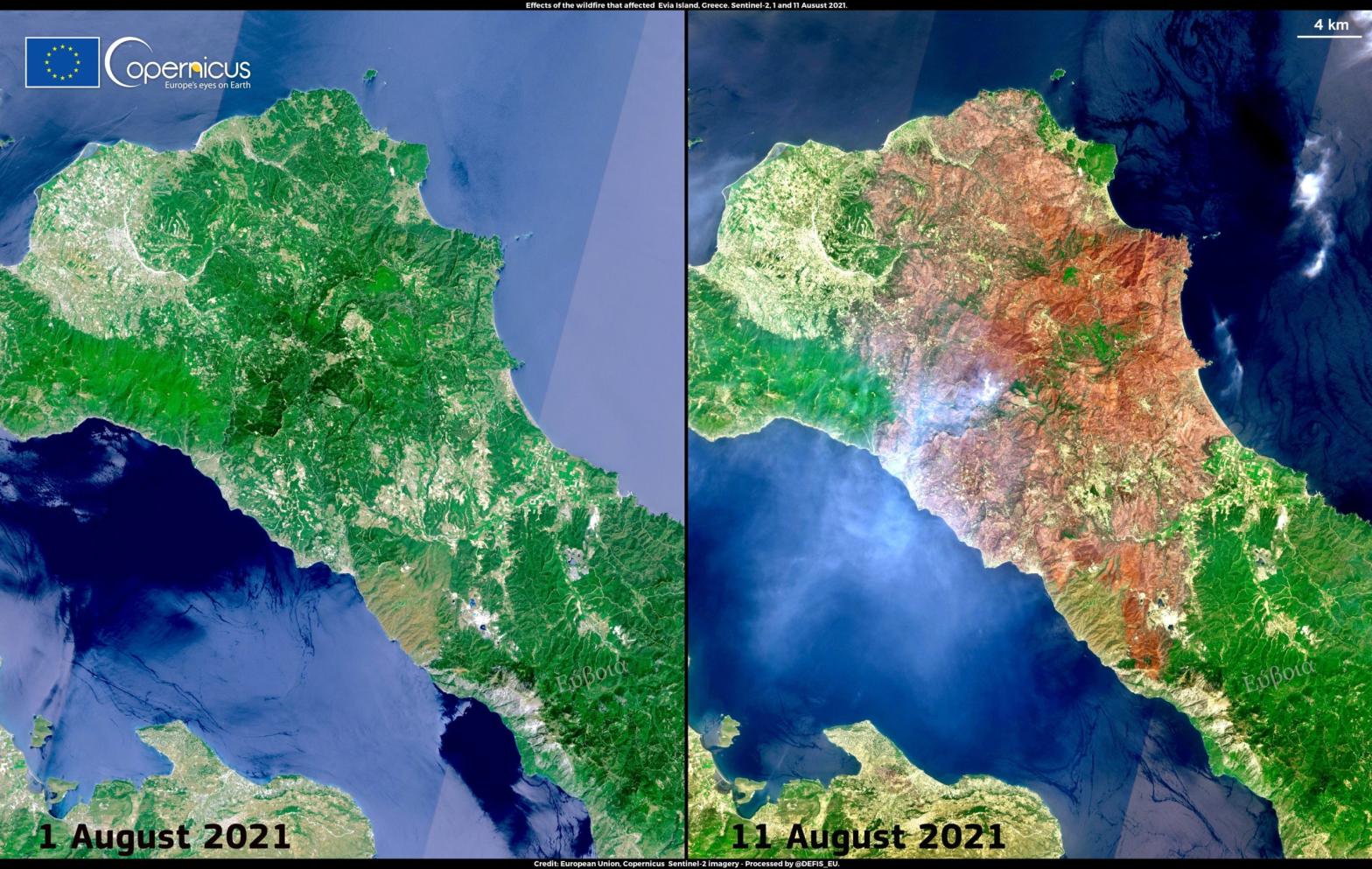 The Greek island of Evia on August 1, before the wildfires began, and August 11, 10 days after. (Photo: European Union, Copernicus Sentinel-2 imagery, Other)