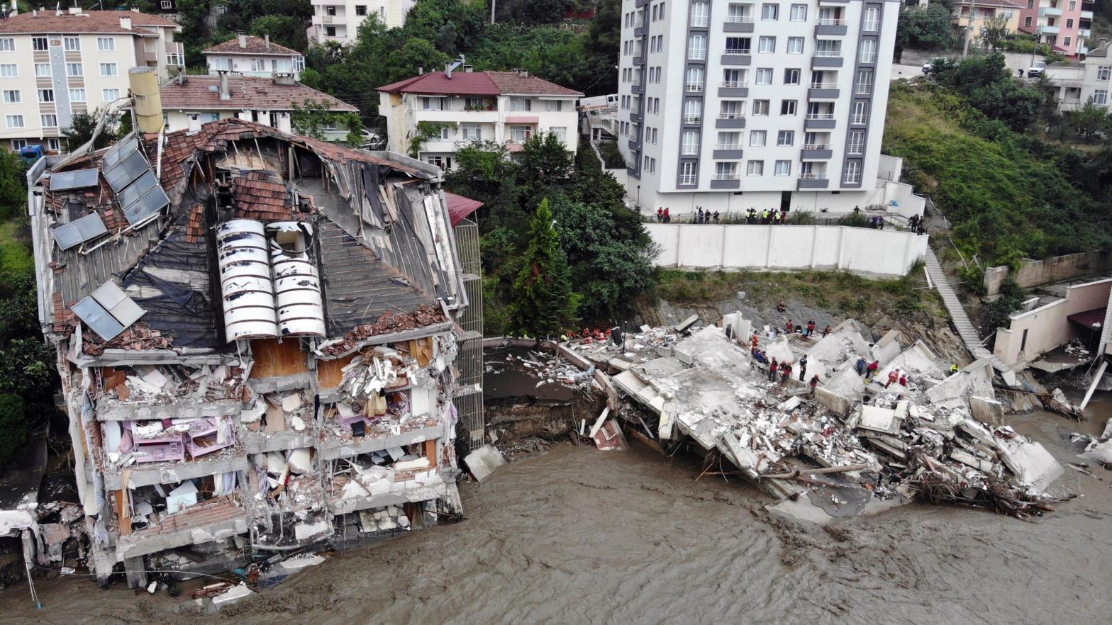 An aerial photo shows the destruction after floods and mudslides killed about three dozens of people, in Bozkurt town of Kastamonu province, Turkey, Friday, Aug. 13, 2021. (Photo: AP, AP)