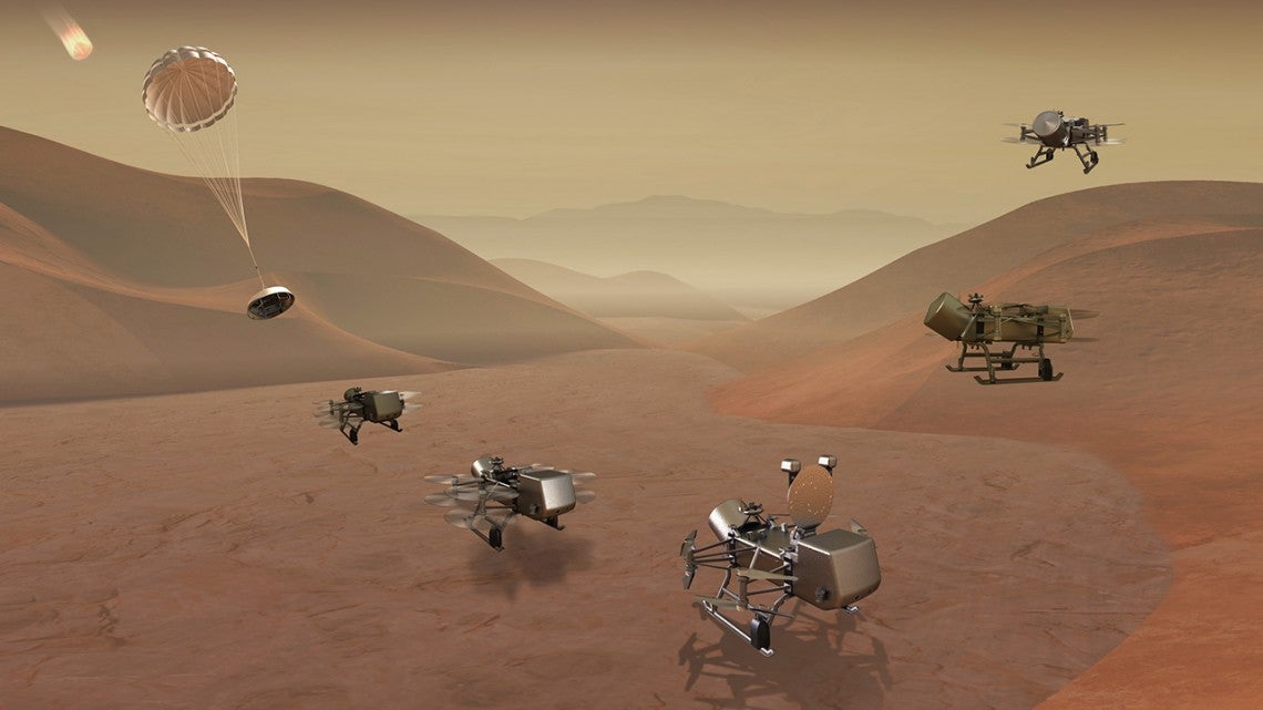 Illustration of the Dragonfly mission concept, including entry, descent, landing, surface operations, and flight at Titan.  (Image: NASA/JHU-APL)