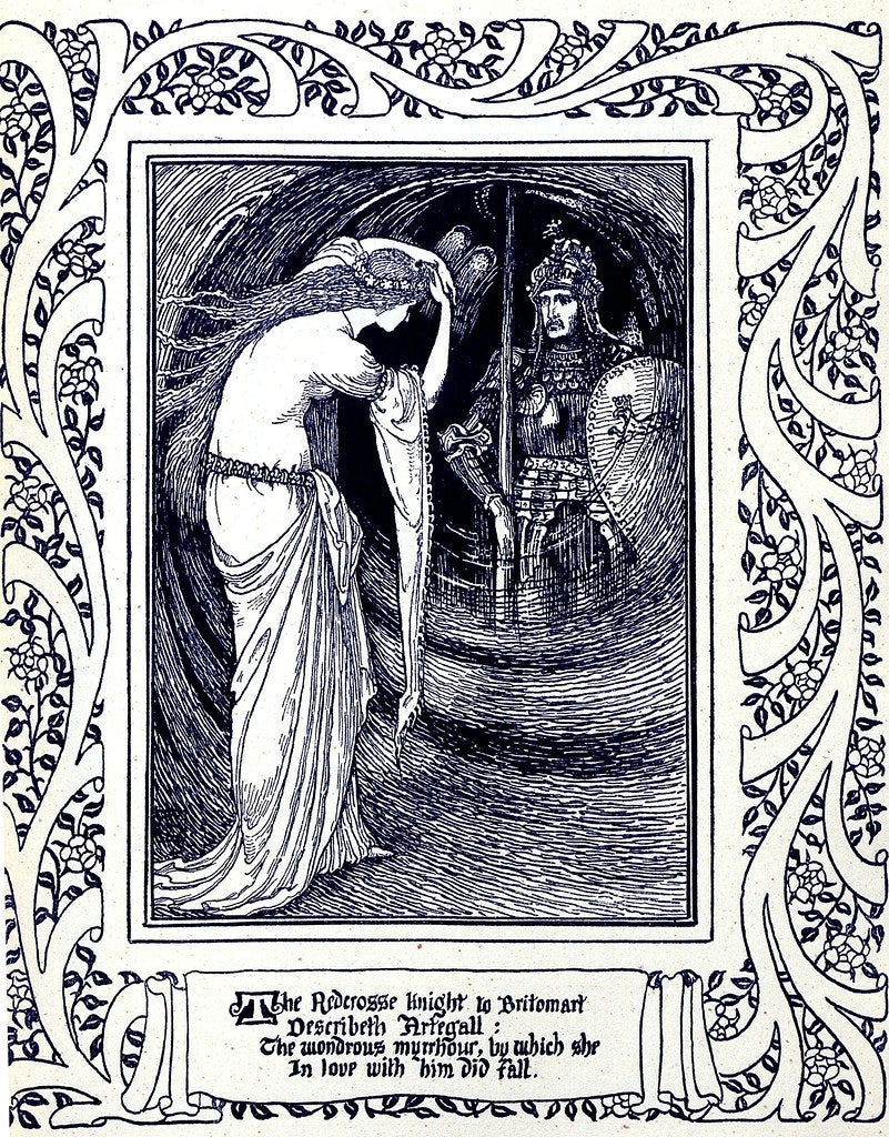 Britomart meets the Redcross Knight in this illustration from The Faerie Queene by G. Allen London. From the Digital Collections of the University of Maryland. (Image: Creative Commons)