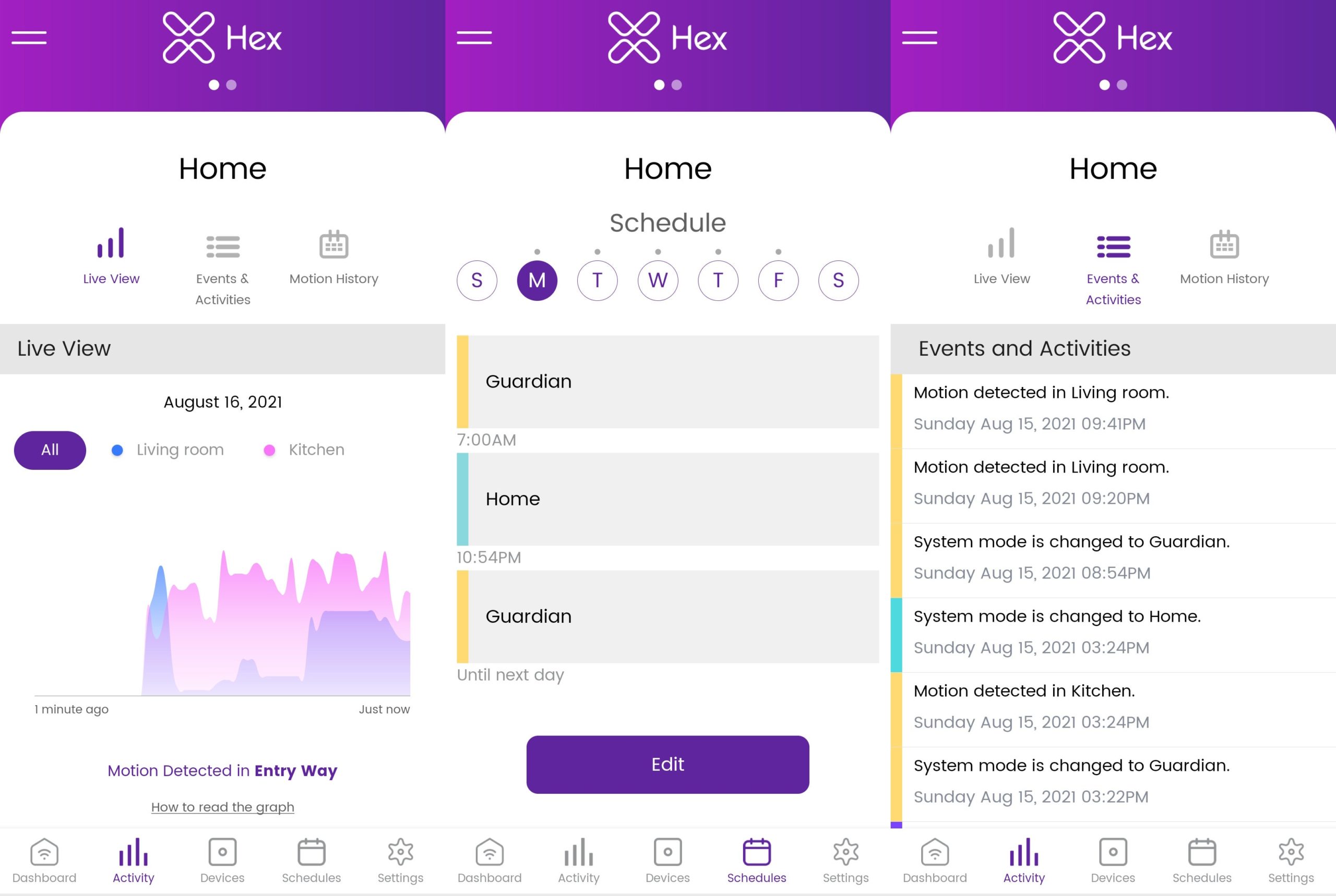 The Hex app is fairly robust for a first-gen product. From left to right: the live view graph as people were moving within my home; the scheduling panel for setting up different modes throughout the day; the events and activities panel for checking in on the system.  (Screenshot: Florence Ion / Gizmodo)