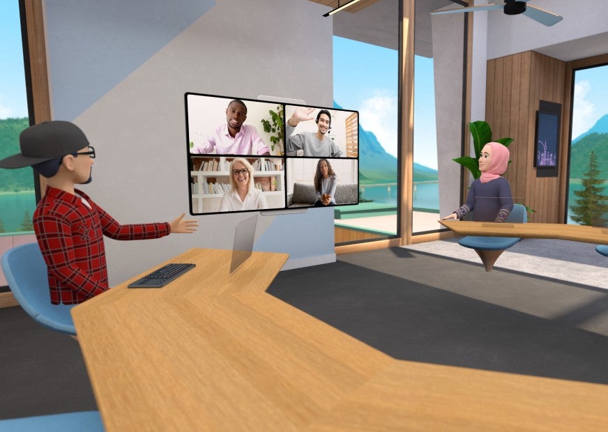 While Workrooms is intended as a VR-driven experience, colleagues without a VR headset can still attend meetings in 2D via a traditional video call.  (Image: Facebook)