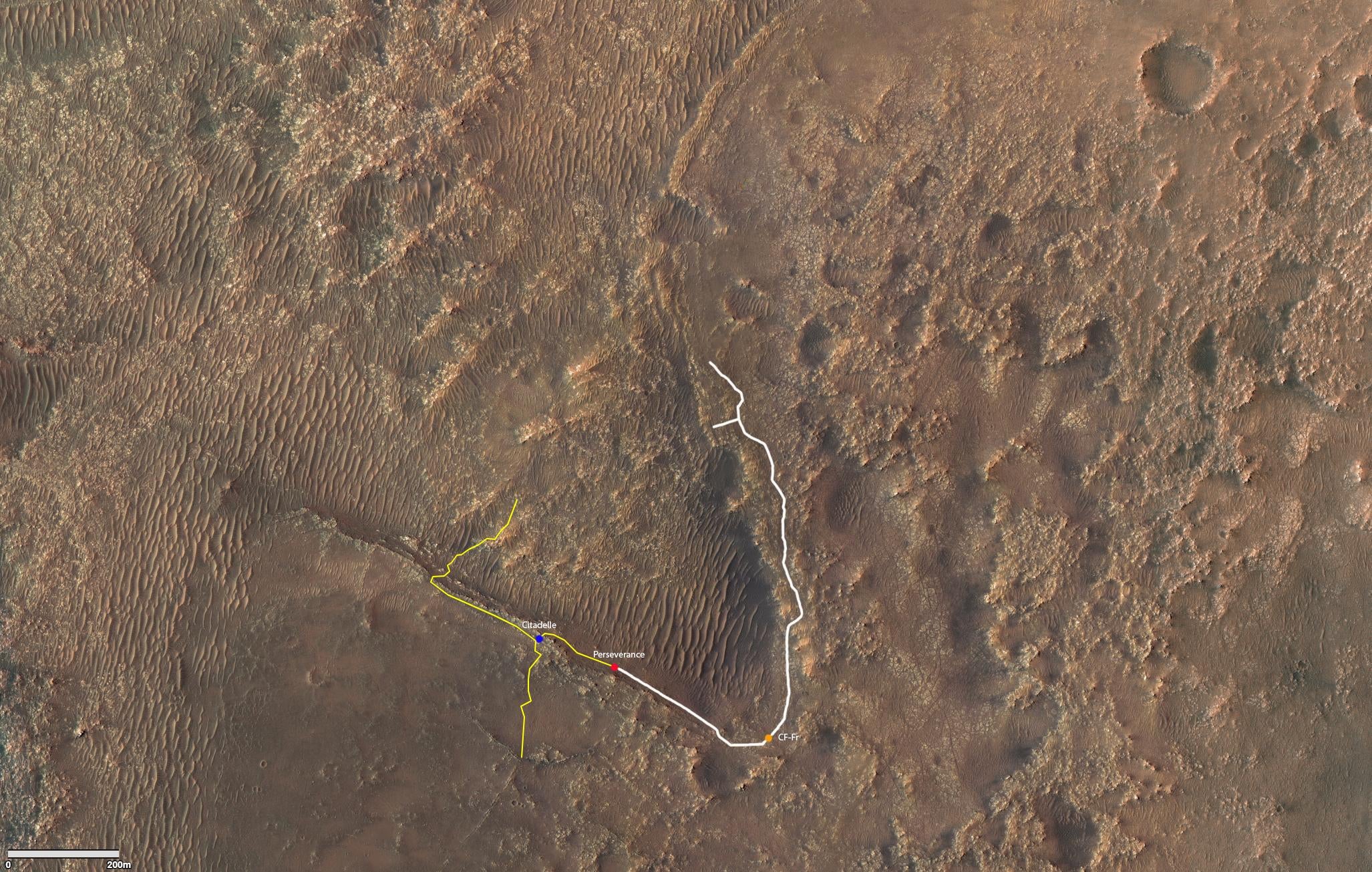 An annotated image showing Perseverance's trek so far on Mars and its future paths. Citadelle is marked by the blue dot. (Image: NASA/JPL-Caltech/University of Arizona)