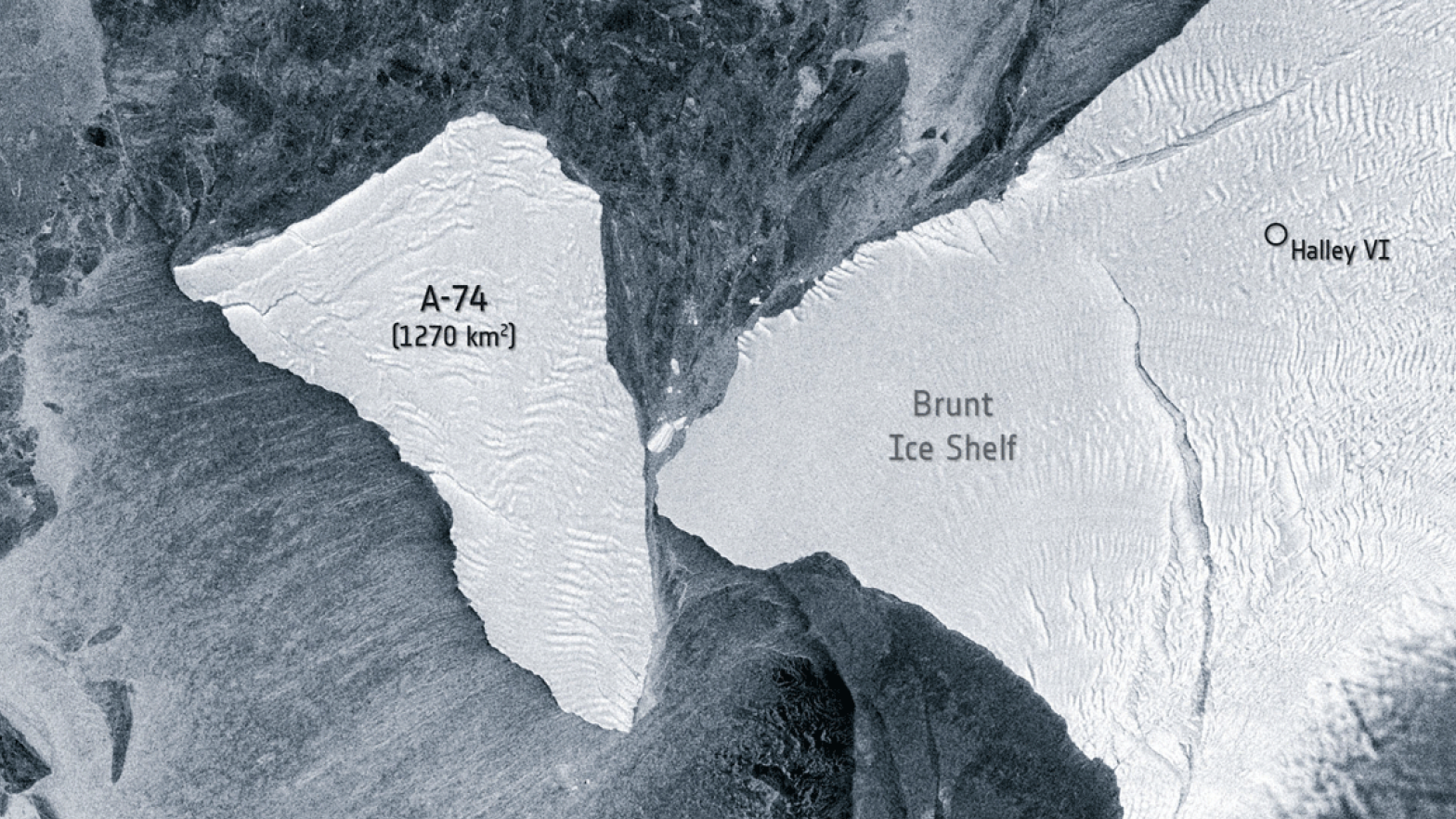 Iceberg A-74 and the Brunt Ice Shelf as they appeared on August 11, 2021.  (Image: ESA/Sentinel-1)