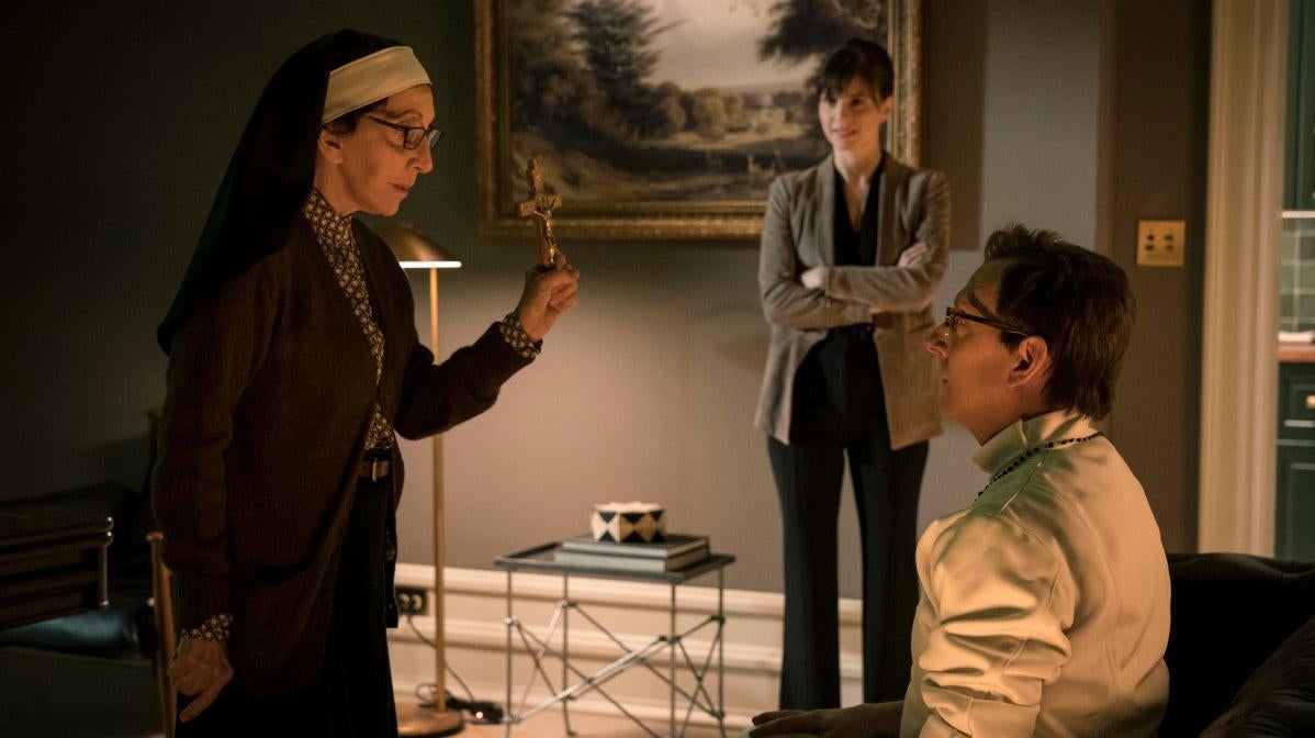 Sister Andrea (Andrea Martin) shows Leland (Michael Emerson) the meaning of fear. (Photo: Elizabeth Fisher/CBS 2021 Paramount+ Inc.)