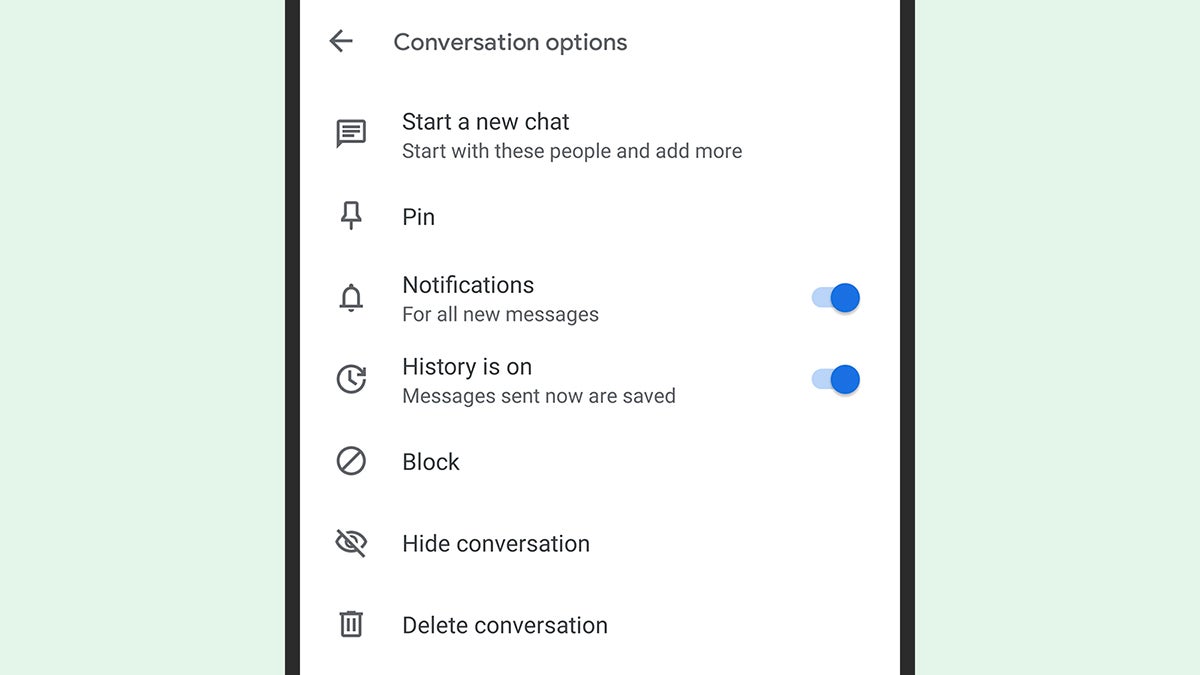 History can be turned on or off for individual conversations. (Screenshot: Google Chat)