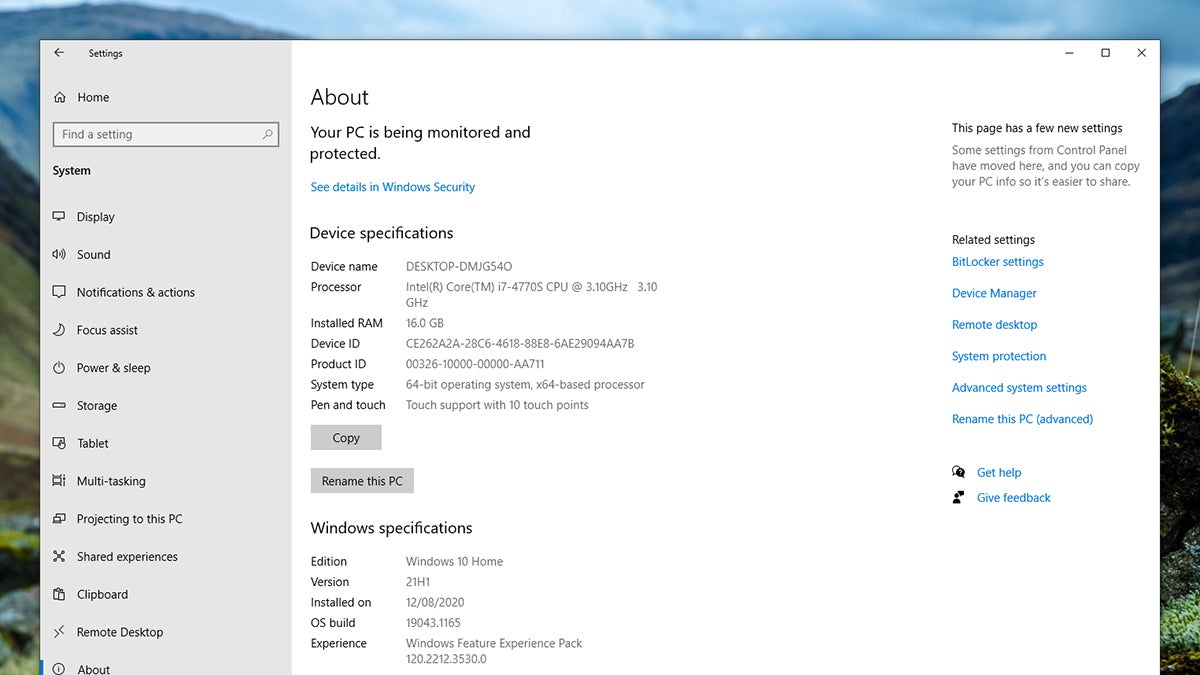 Use the About screen to check your system specs. (Screenshot: Windows 10)