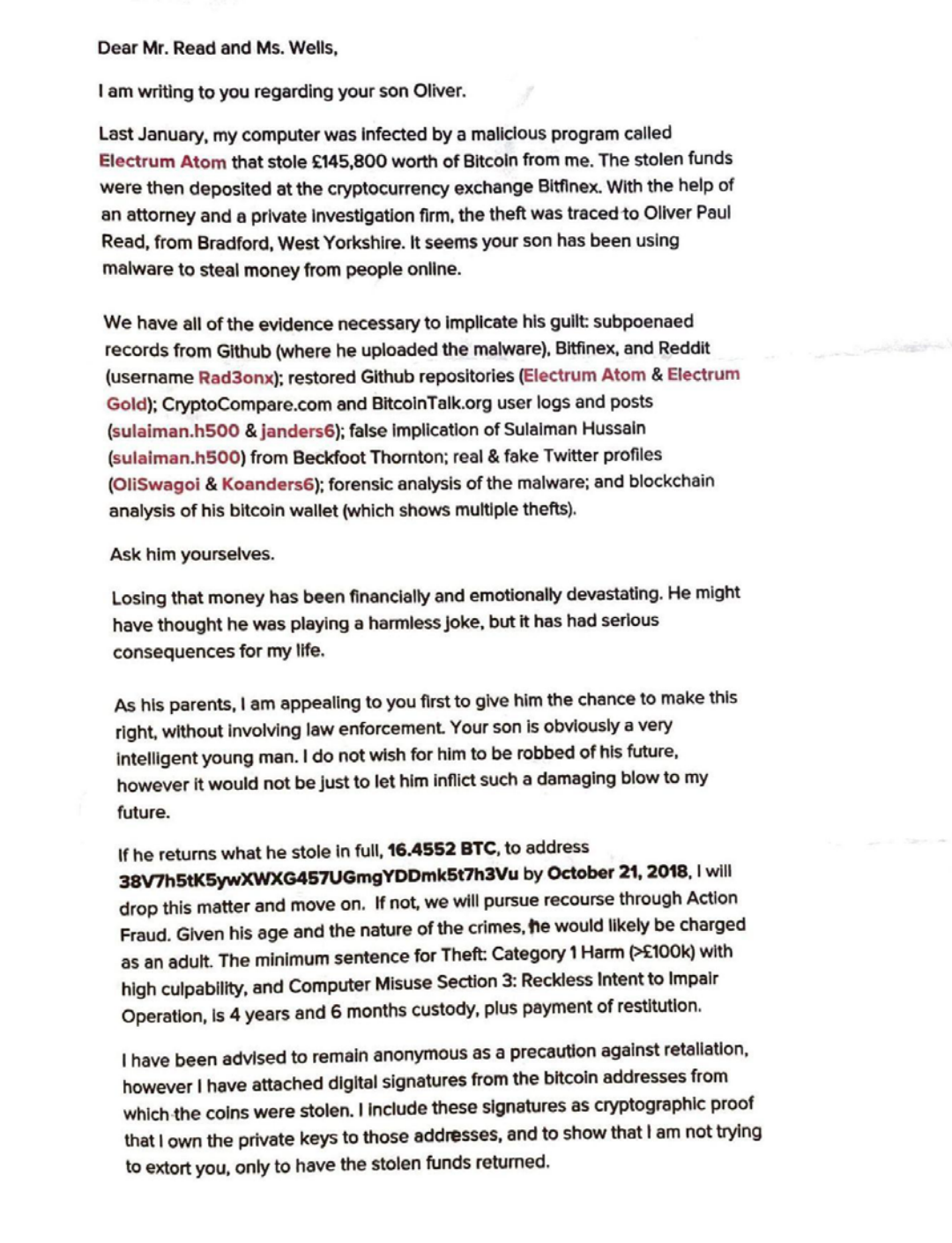 A screenshot of the letter Schober sent the two families.  (Screenshot: Shoshana Wodinsky (Gizmodo))