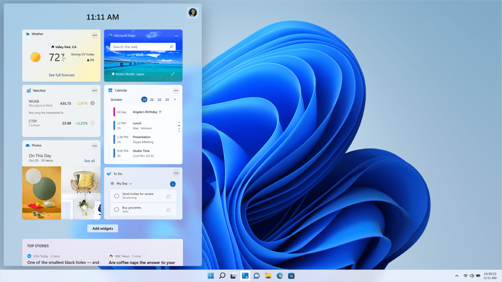 Widgets are coming in Windows 11. (Screenshot: Microsoft)