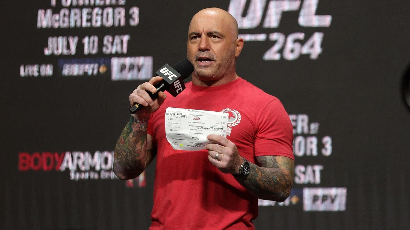 Joe Rogan announces the fighters during a ceremonial weigh in for UFC 264 at T-Mobile Arena on July 09, 2021 in Las Vegas, Nevada.  (Photo: Stacy Revere, Getty Images)