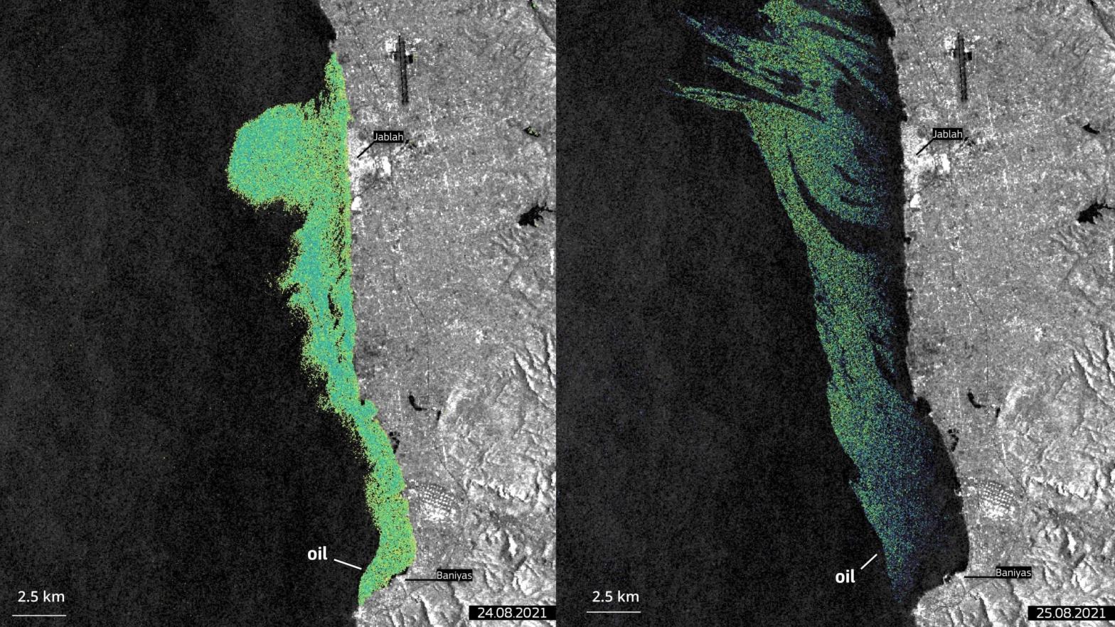 On 24 and 25 August 2021, the Copernicus Sentinel-1 satellites have imaged an oil spill on the coast of Syria. It has since spread to the west. (Image: European Union, Copernicus Sentinel-1)