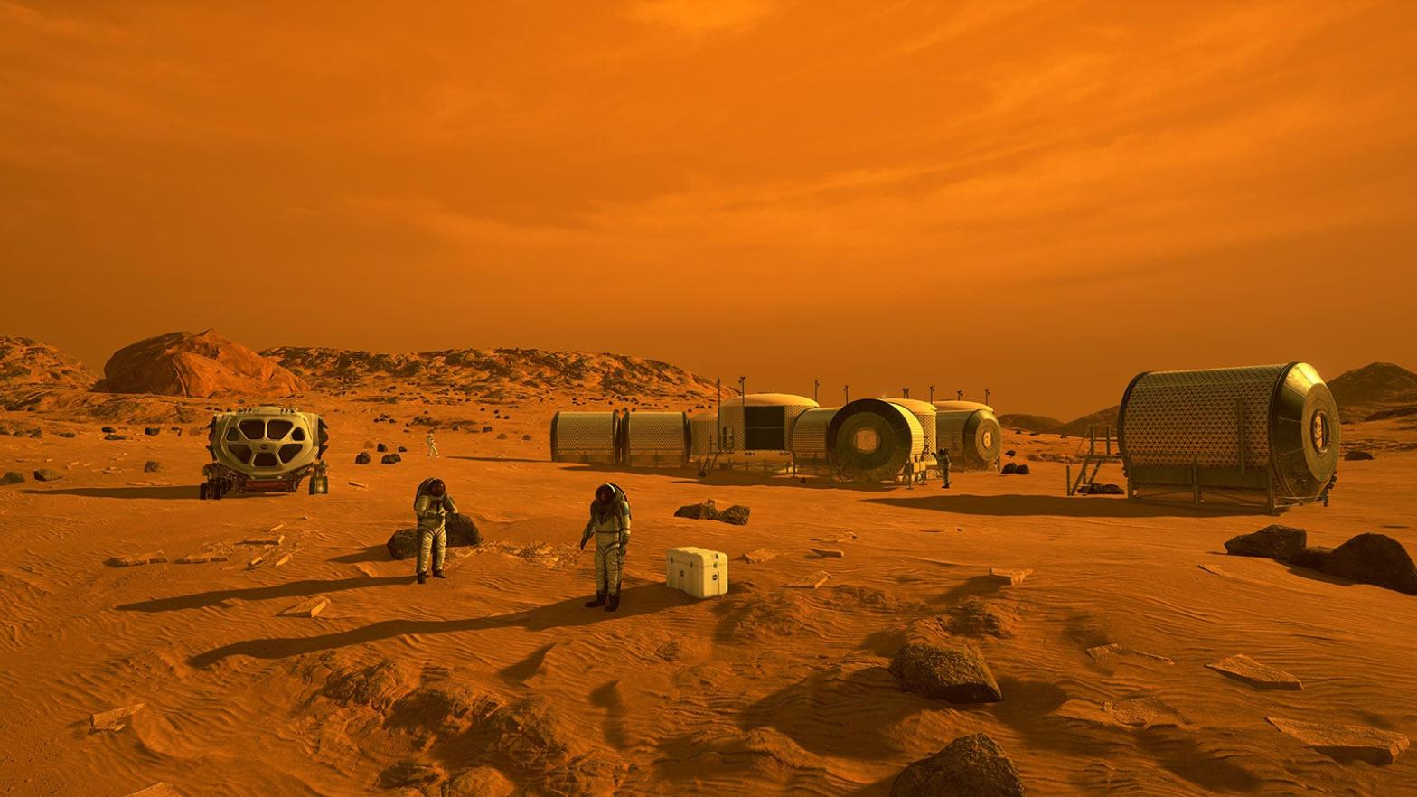 Conceptual image showing a crewed mission on the Martian surface.  (Image: NASA)