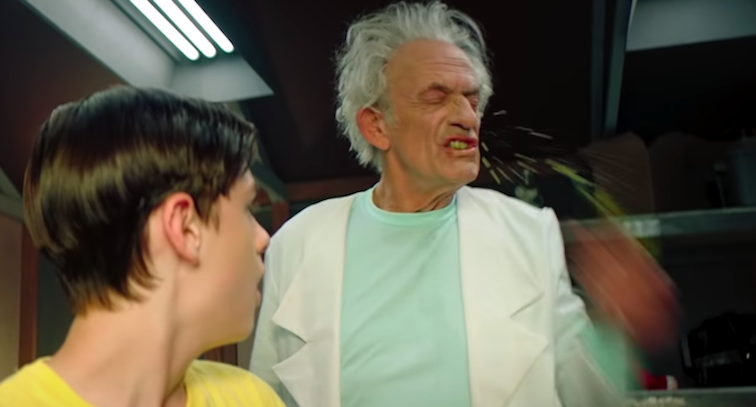 Live-action Morty realising that live-action Rick isn't a pickle. (Screenshot: Adult Swim)